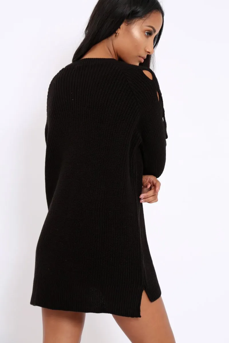 Black Cable Knit Jumper Dress with Cut out Detail - Daysie