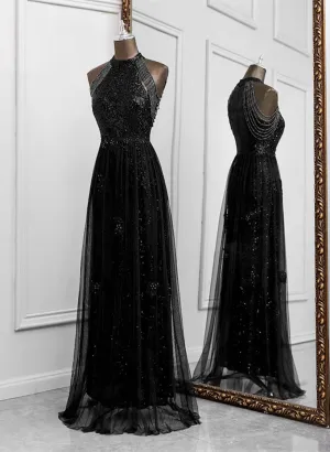 Black Halter Tulle and Sequins Long Party Dress, A-line Black Prom Dress