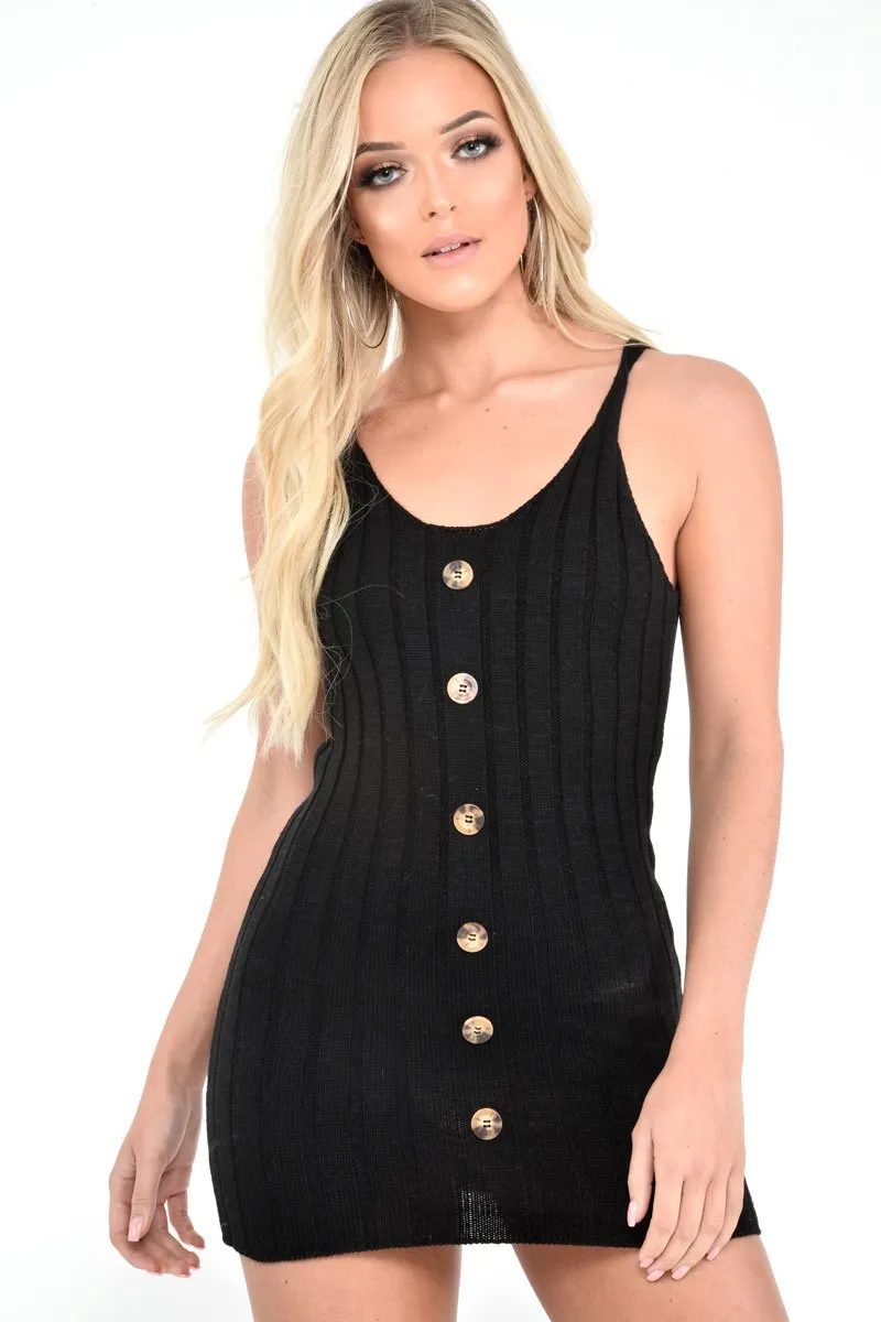 Black Knit Button Front Cami Dress - Devora