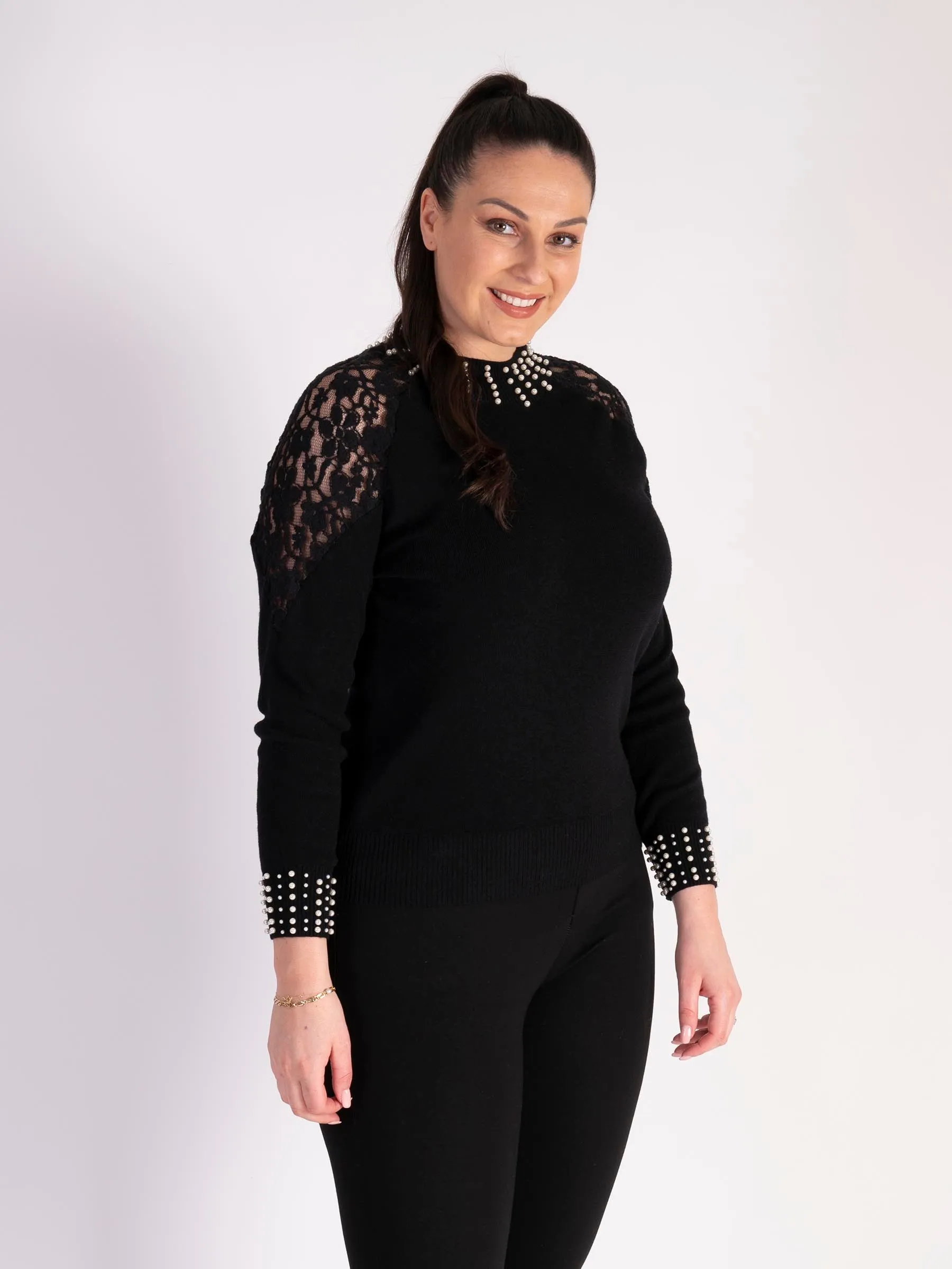 Black Lace And Pearls Jumper