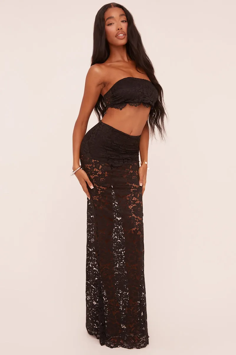 Black Lace Bandeau Cropped Top & Maxi Skirt Co-ord Set - Nian