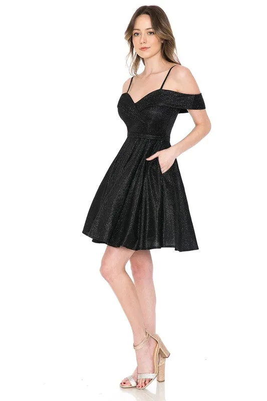 Black Metallic Sweetheart Off Shoulder Short Dress