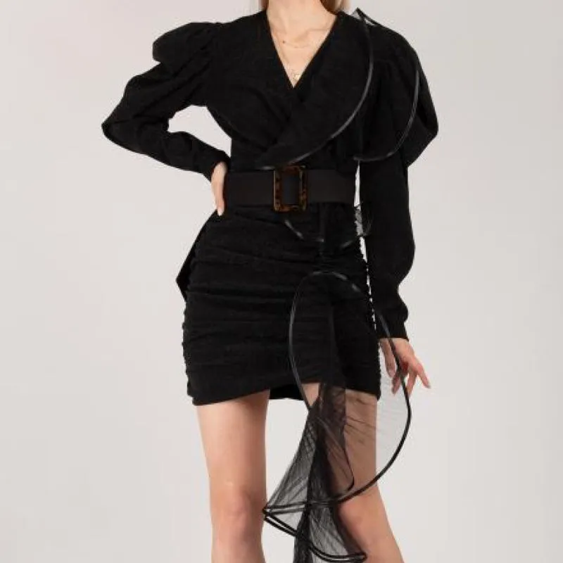 Black Mini Dress With Pleated Black Tulle Decor & Belt