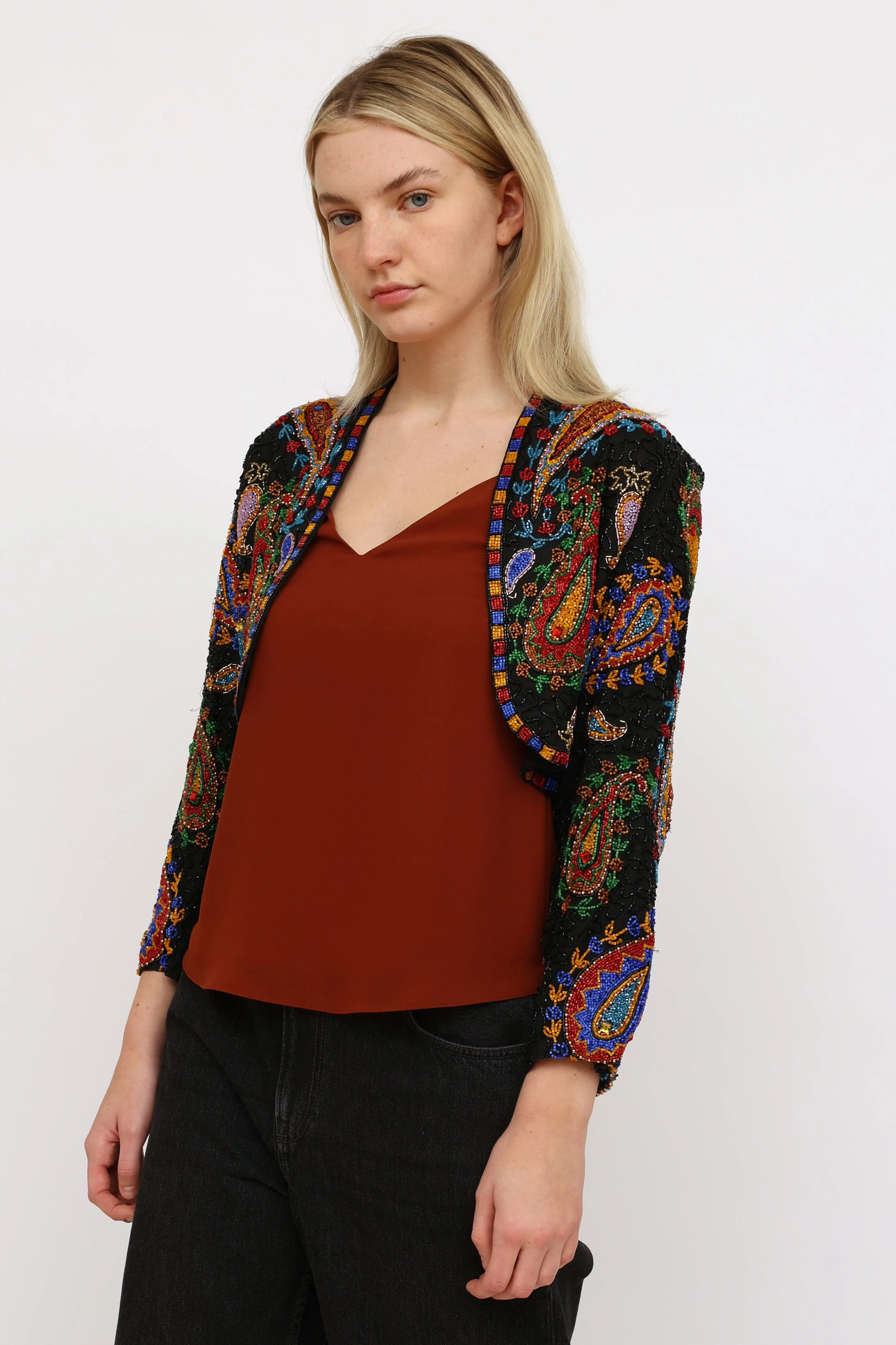 Black Multi Beaded Paisley Cropped Jacket