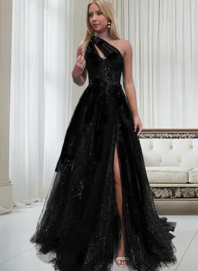 Black One Shoulder Tulle with Lace Long Prom Dress with Leg Slit, Black Party Dress