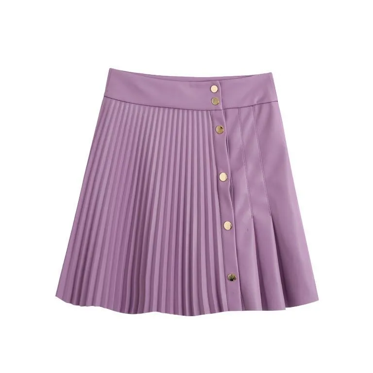 Black or Purple High Street Artificial Leather Mini Skirt Striped button A-line Short Skirt