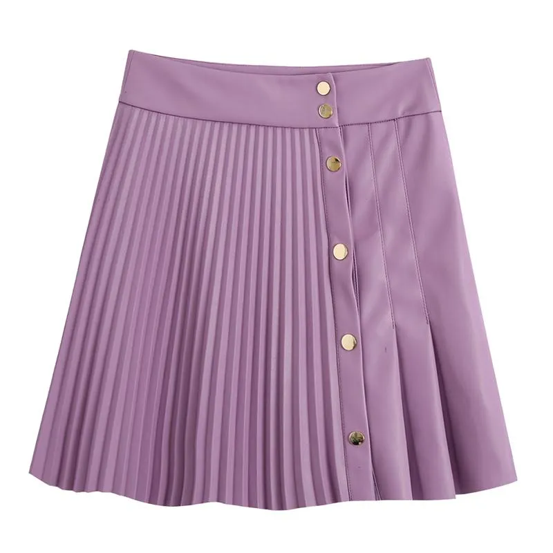 Black or Purple High Street Artificial Leather Mini Skirt Striped button A-line Short Skirt