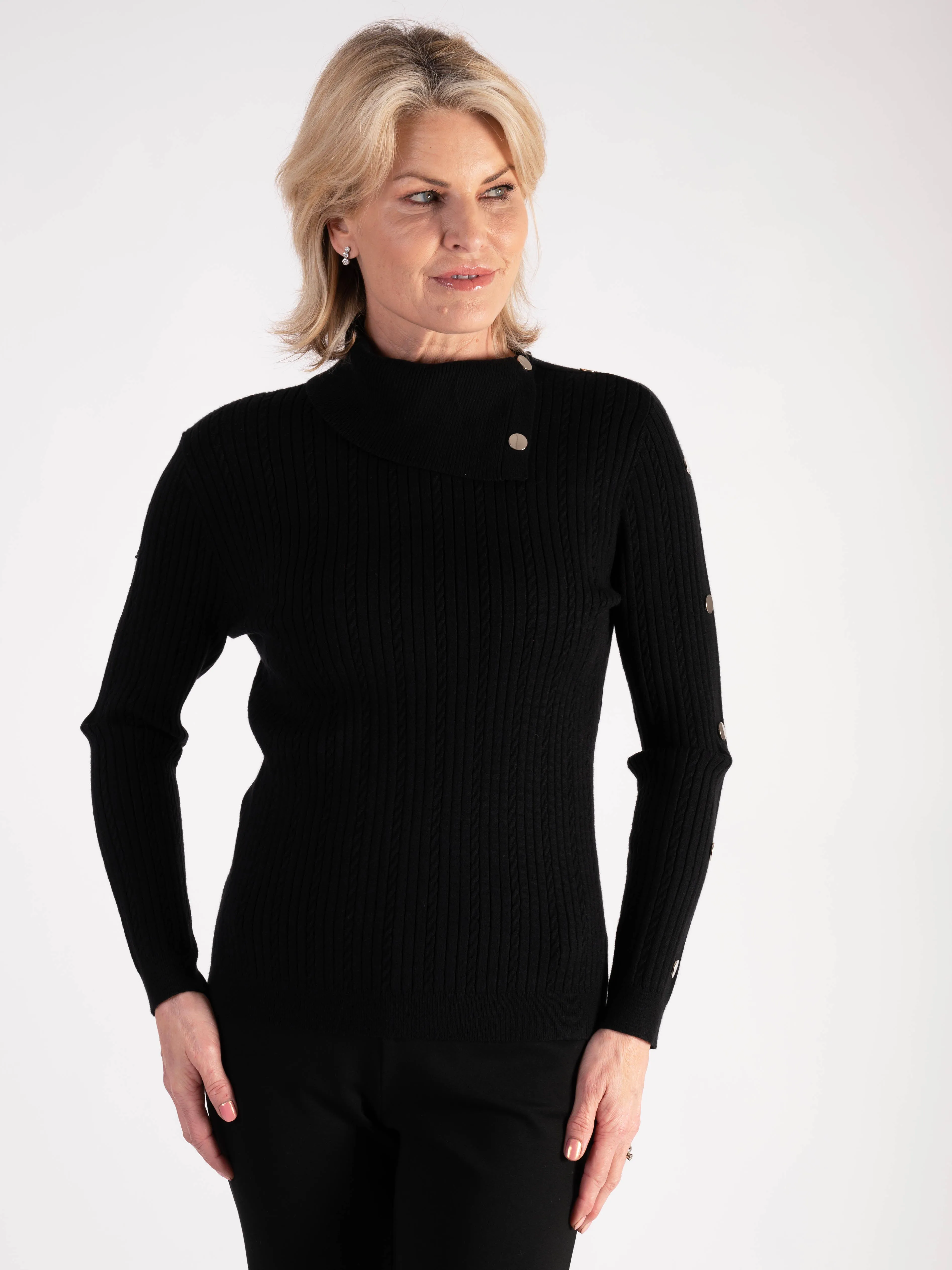 Black Roll Neck Jumper With Button Detail