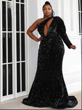 Black Sequin Plus Size Party Dress One Shoulder Cutout Bodycon Maxi Gown