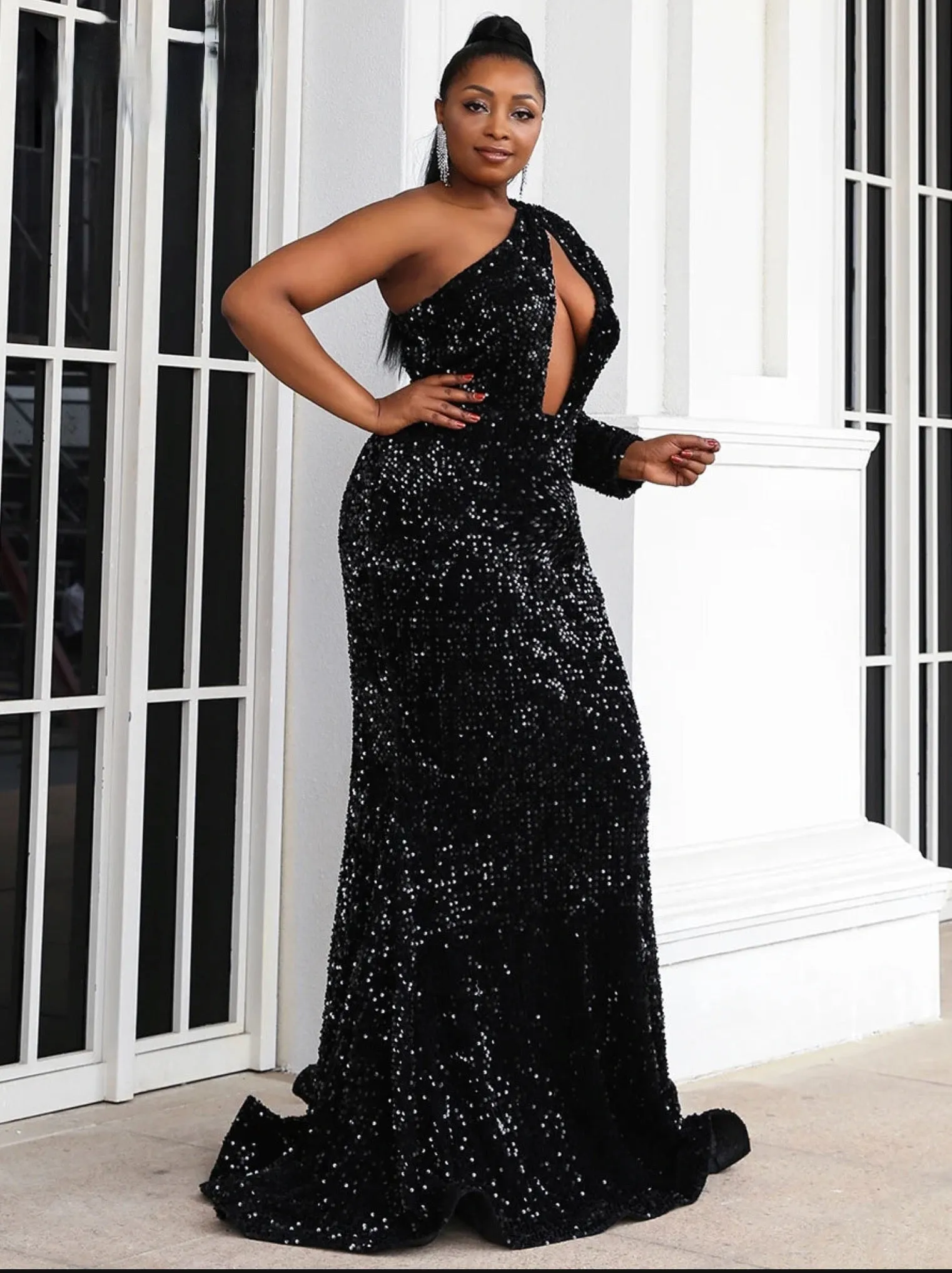 Black Sequin Plus Size Party Dress One Shoulder Cutout Bodycon Maxi Gown