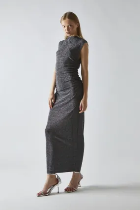 Black-Silver Glitter Ruched Midaxi-Dress