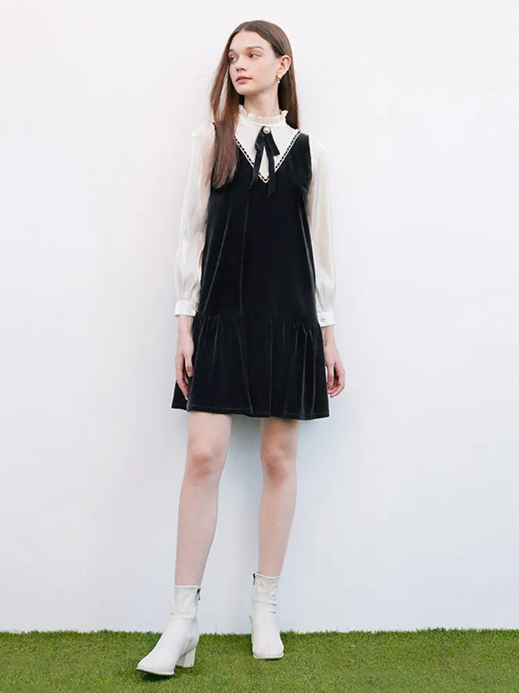 Black Velvet Patchwork Mini Dress With Tie