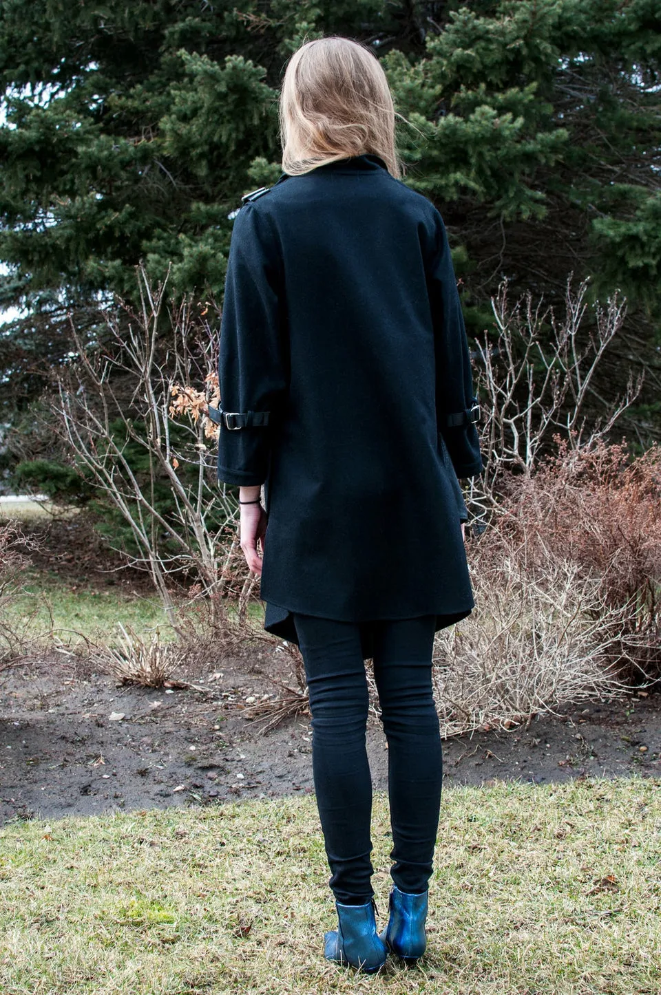 Black Wool Oversized Coat w/wraparound Collar and Leather Details