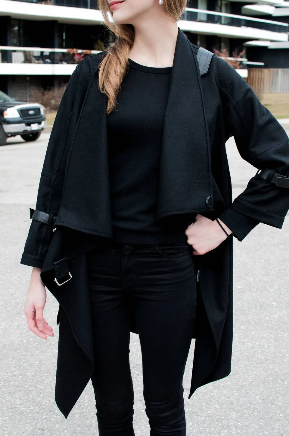 Black Wool Oversized Coat w/wraparound Collar and Leather Details