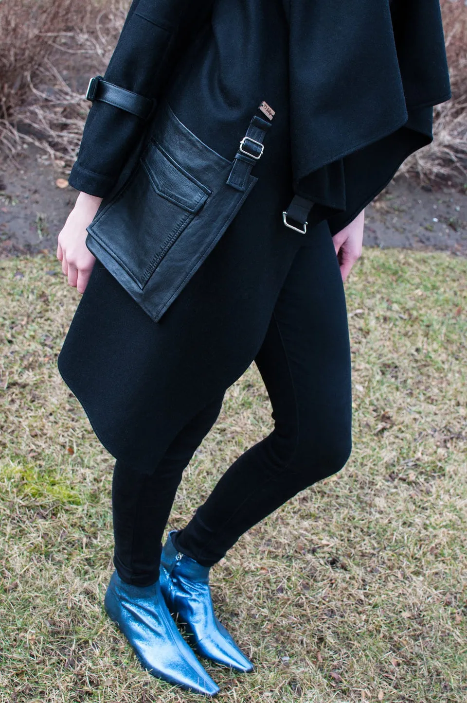 Black Wool Oversized Coat w/wraparound Collar and Leather Details