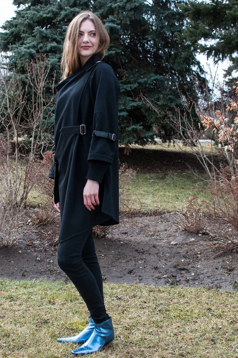 Black Wool Oversized Coat w/wraparound Collar and Leather Details