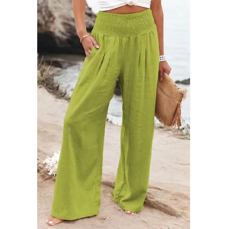 Boho Beach Cotton Linen Pants – High Waist Wide Leg Women's Casual Trousers