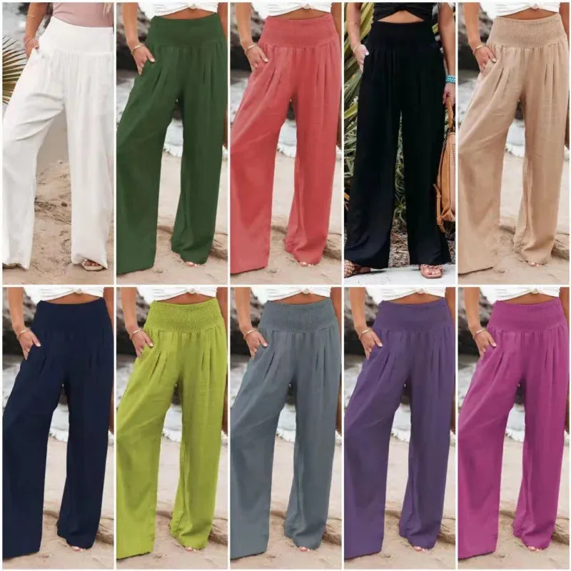 Boho Beach Cotton Linen Pants – High Waist Wide Leg Women's Casual Trousers