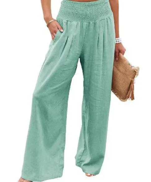 Boho Beach Cotton Linen Pants – High Waist Wide Leg Women's Casual Trousers