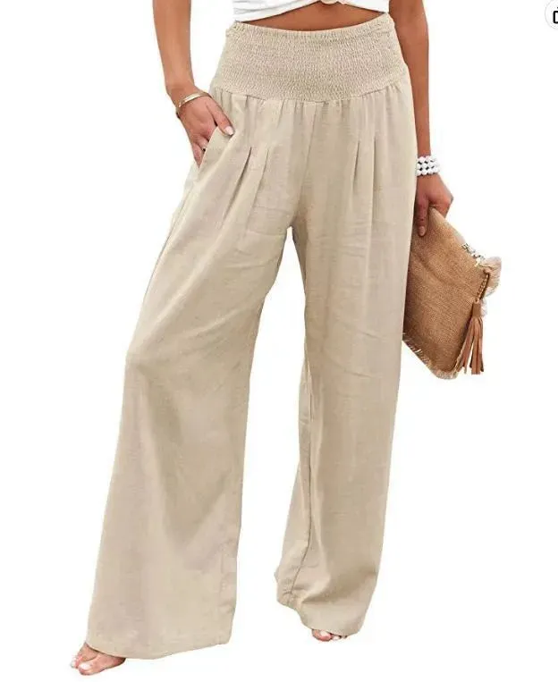 Boho Beach Cotton Linen Pants – High Waist Wide Leg Women's Casual Trousers