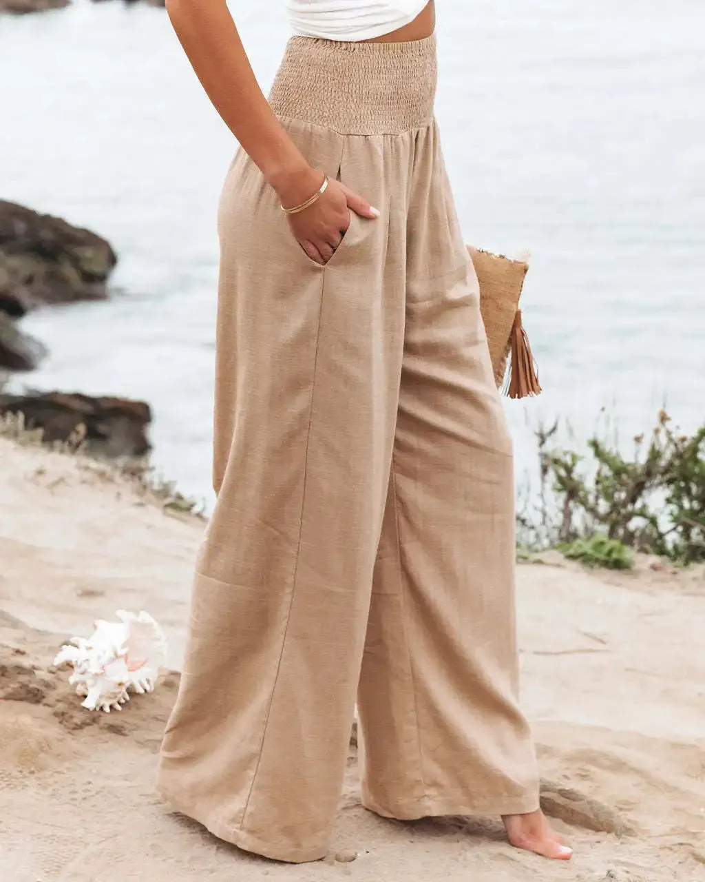 Boho Beach Cotton Linen Pants – High Waist Wide Leg Women's Casual Trousers