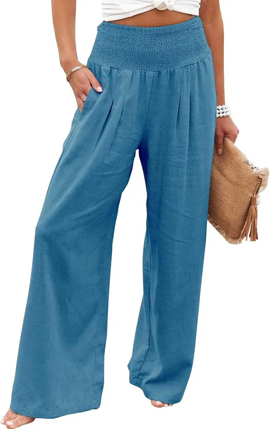 Boho Beach Cotton Linen Pants – High Waist Wide Leg Women's Casual Trousers