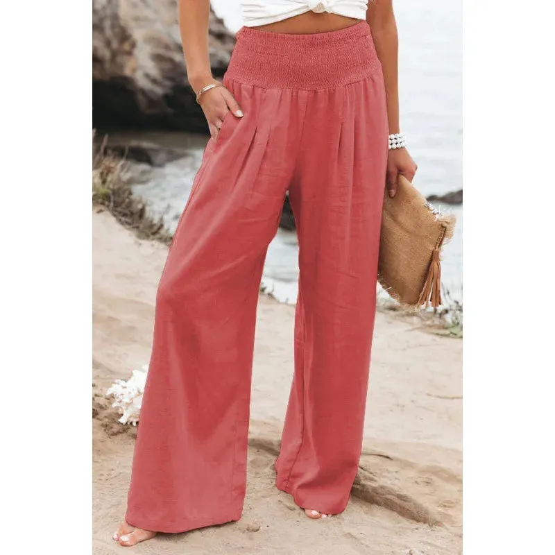 Boho Beach Cotton Linen Pants – High Waist Wide Leg Women's Casual Trousers