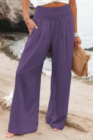 Boho Beach Cotton Linen Pants – High Waist Wide Leg Women's Casual Trousers