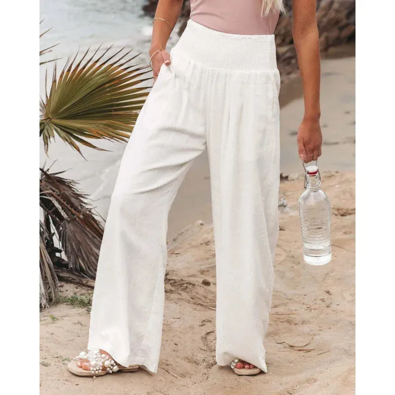 Boho Beach Cotton Linen Pants – High Waist Wide Leg Women's Casual Trousers