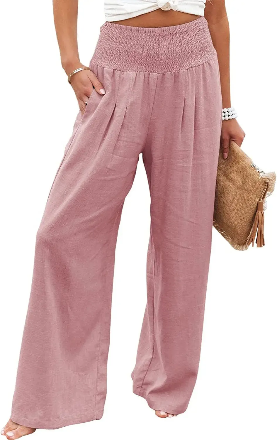 Boho Beach Cotton Linen Pants – High Waist Wide Leg Women's Casual Trousers