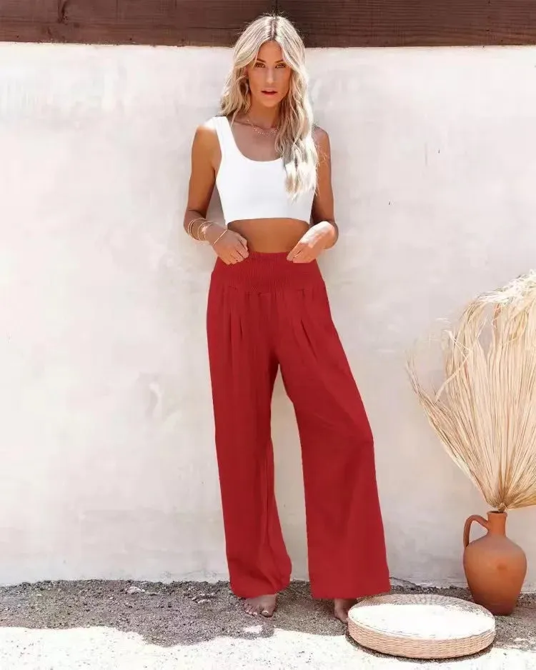 Boho Beach Cotton Linen Pants – High Waist Wide Leg Women's Casual Trousers