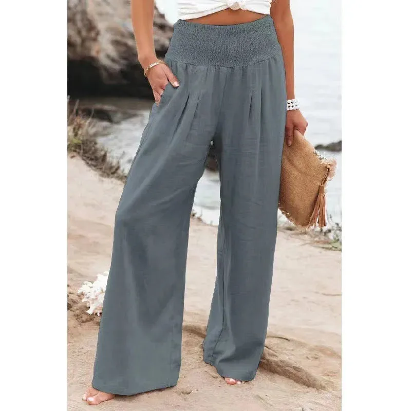 Boho Beach Cotton Linen Pants – High Waist Wide Leg Women's Casual Trousers