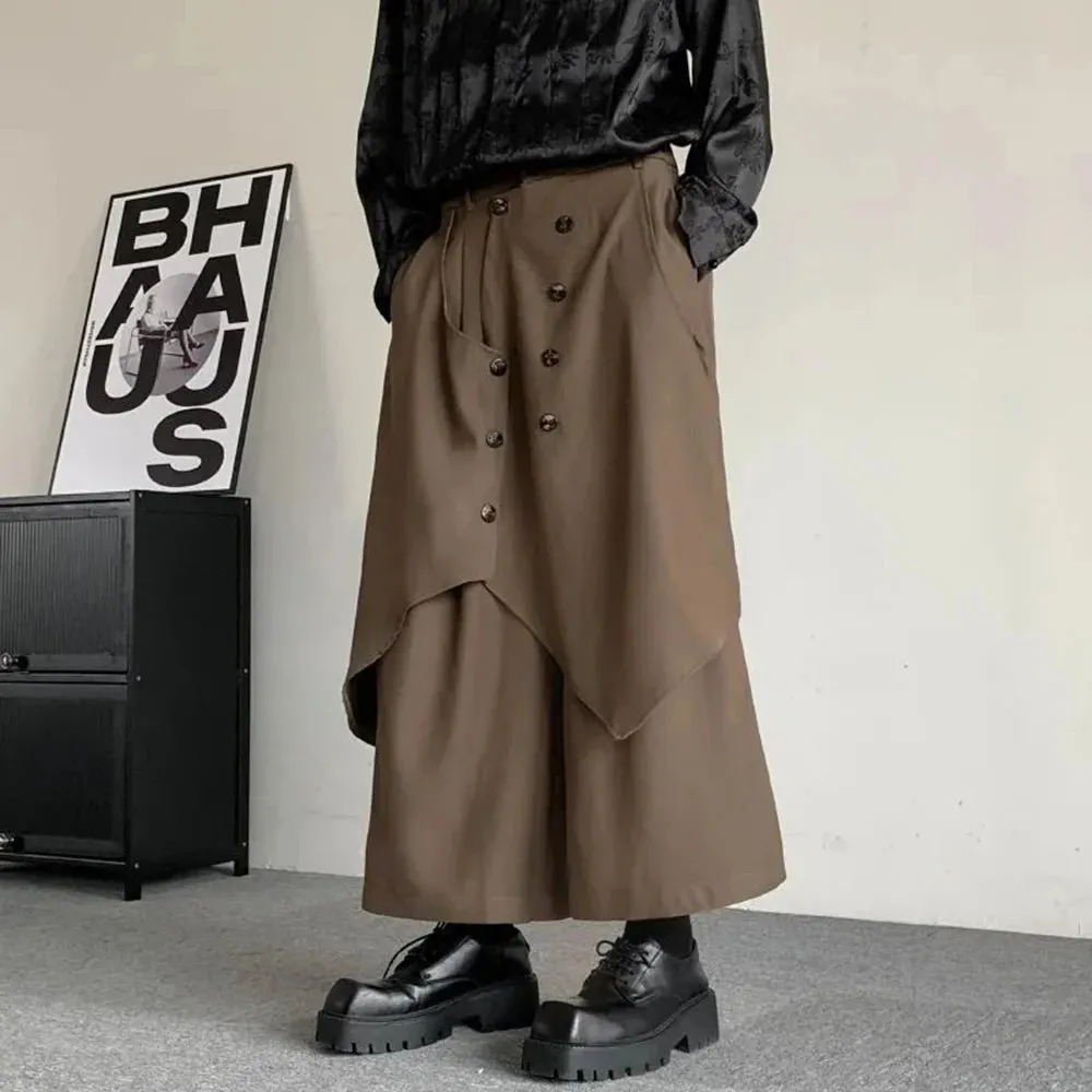 Bonsir Japanese Gothic Dark Style Pants Skirt Irregular Layered Pants Hakama Autumn Fashion Streetwear All-Match Samurai Pants Unisex