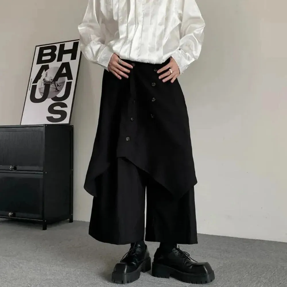 Bonsir Japanese Gothic Dark Style Pants Skirt Irregular Layered Pants Hakama Autumn Fashion Streetwear All-Match Samurai Pants Unisex