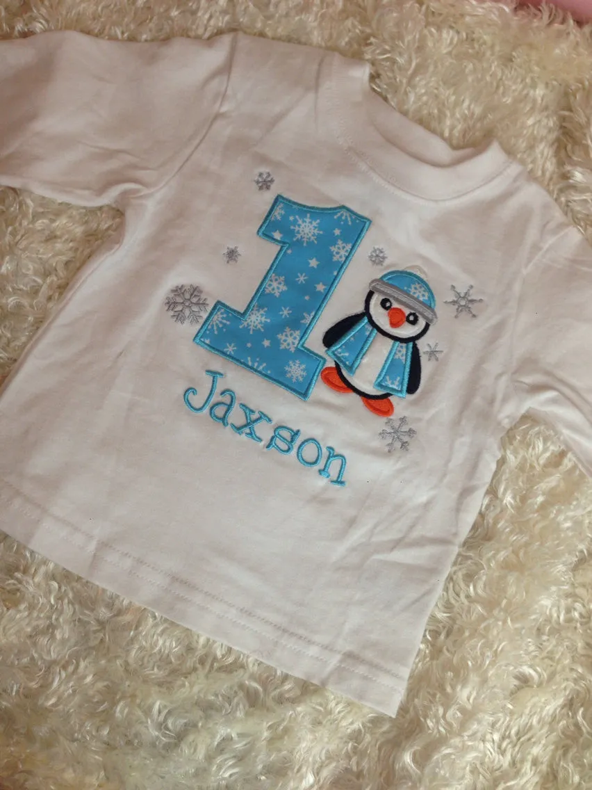 Boys winter birthday shirt -- Winter Wonderland birthday shirt adorable penguin can customize