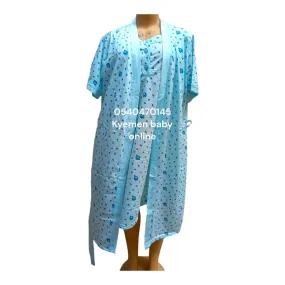 Breastfeeding Night Gown with coat/ Seablue with Blue Flower(Yimiasha)