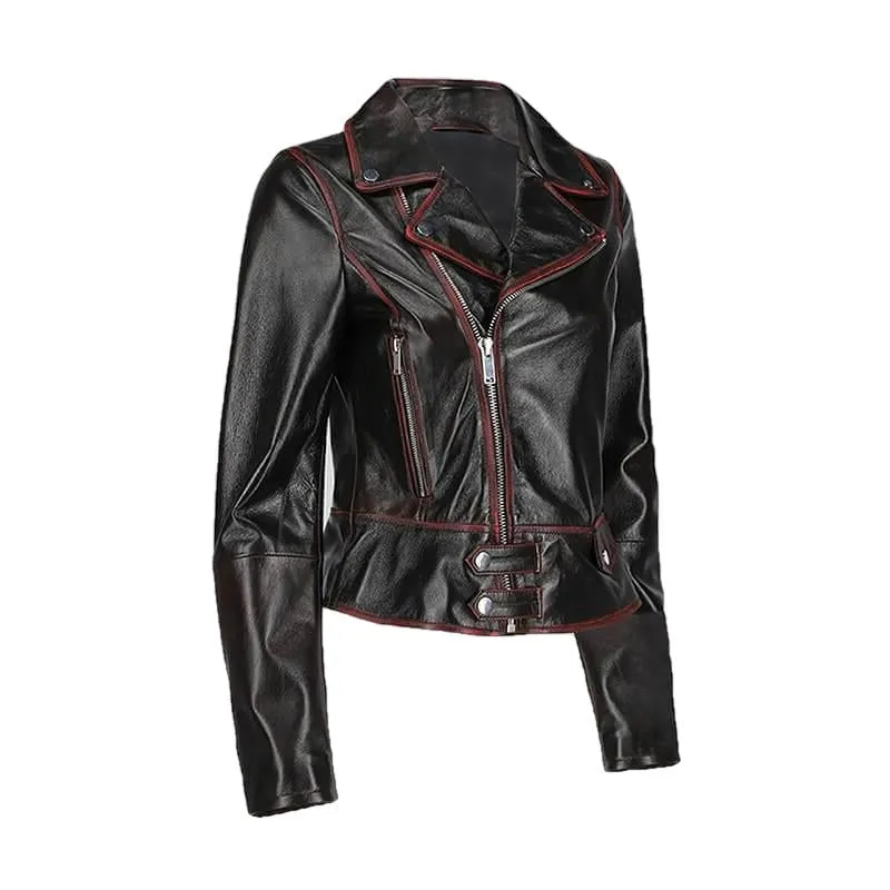 Buena Vista Womens Striped Short Biker Leather Jacket