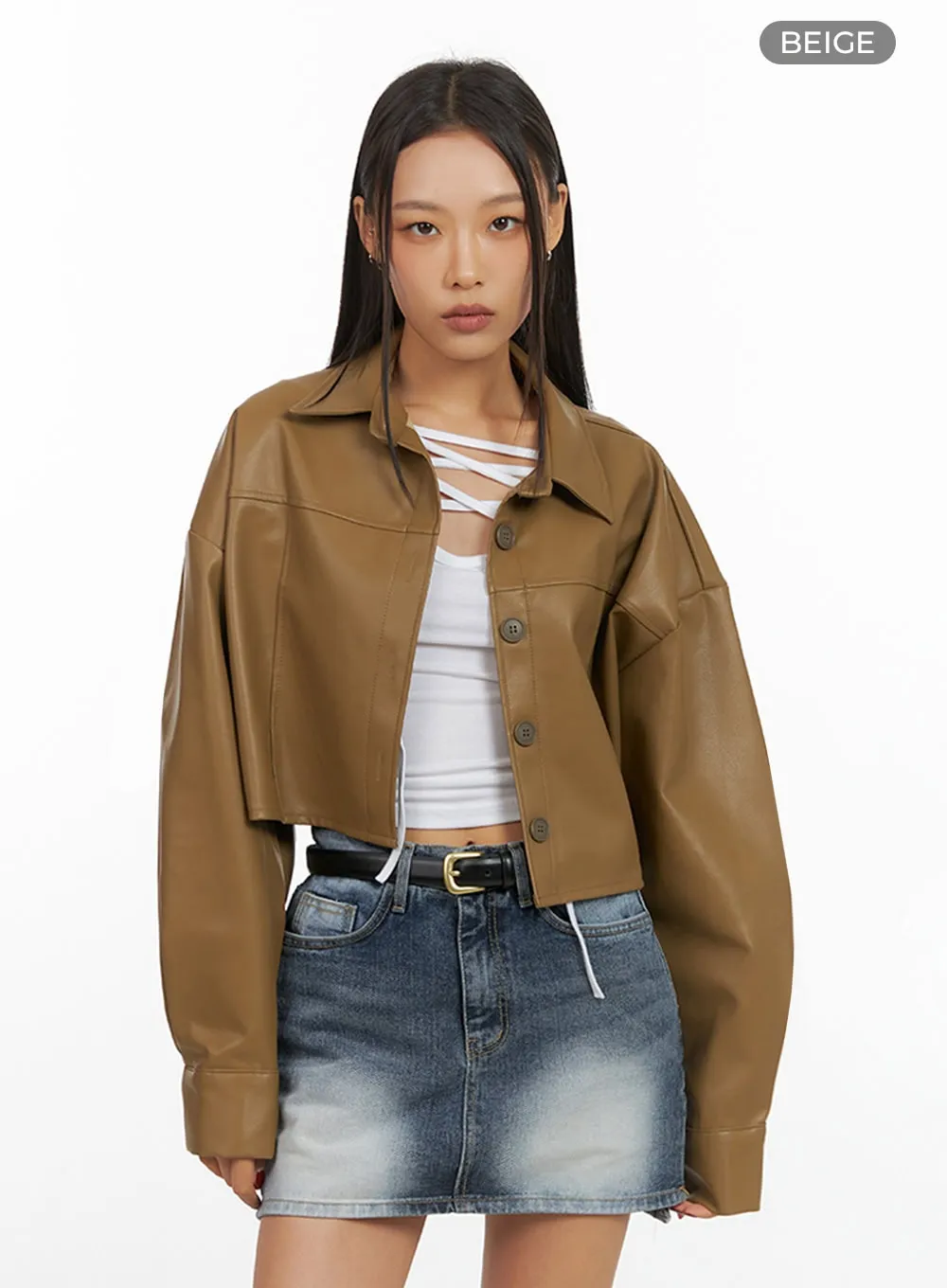 Buttoned Faux Leather Cropped Jacket IS427