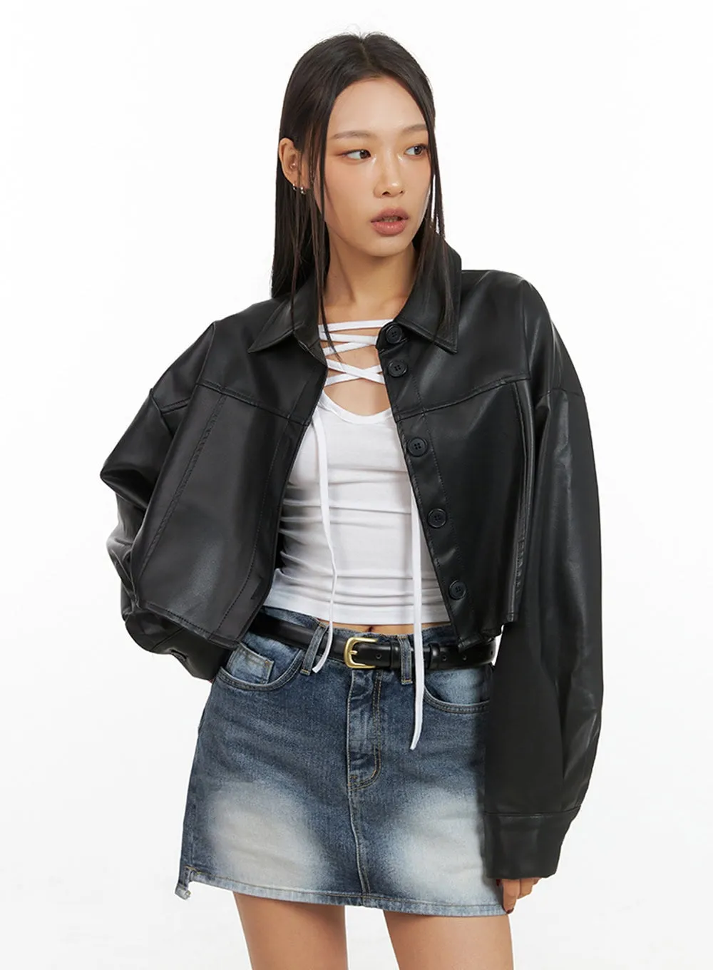 Buttoned Faux Leather Cropped Jacket IS427