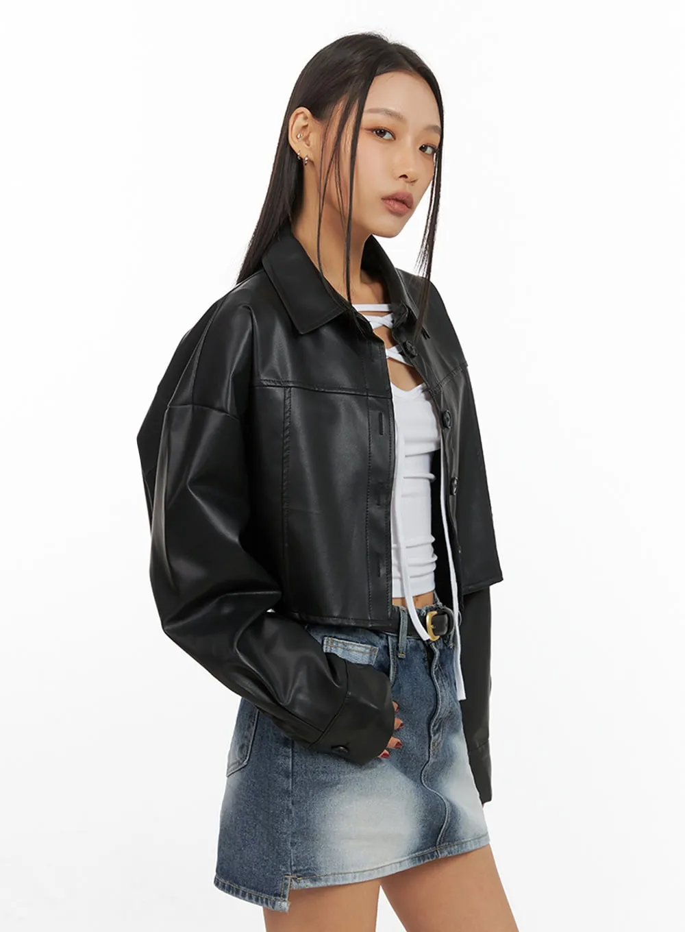 Buttoned Faux Leather Cropped Jacket IS427