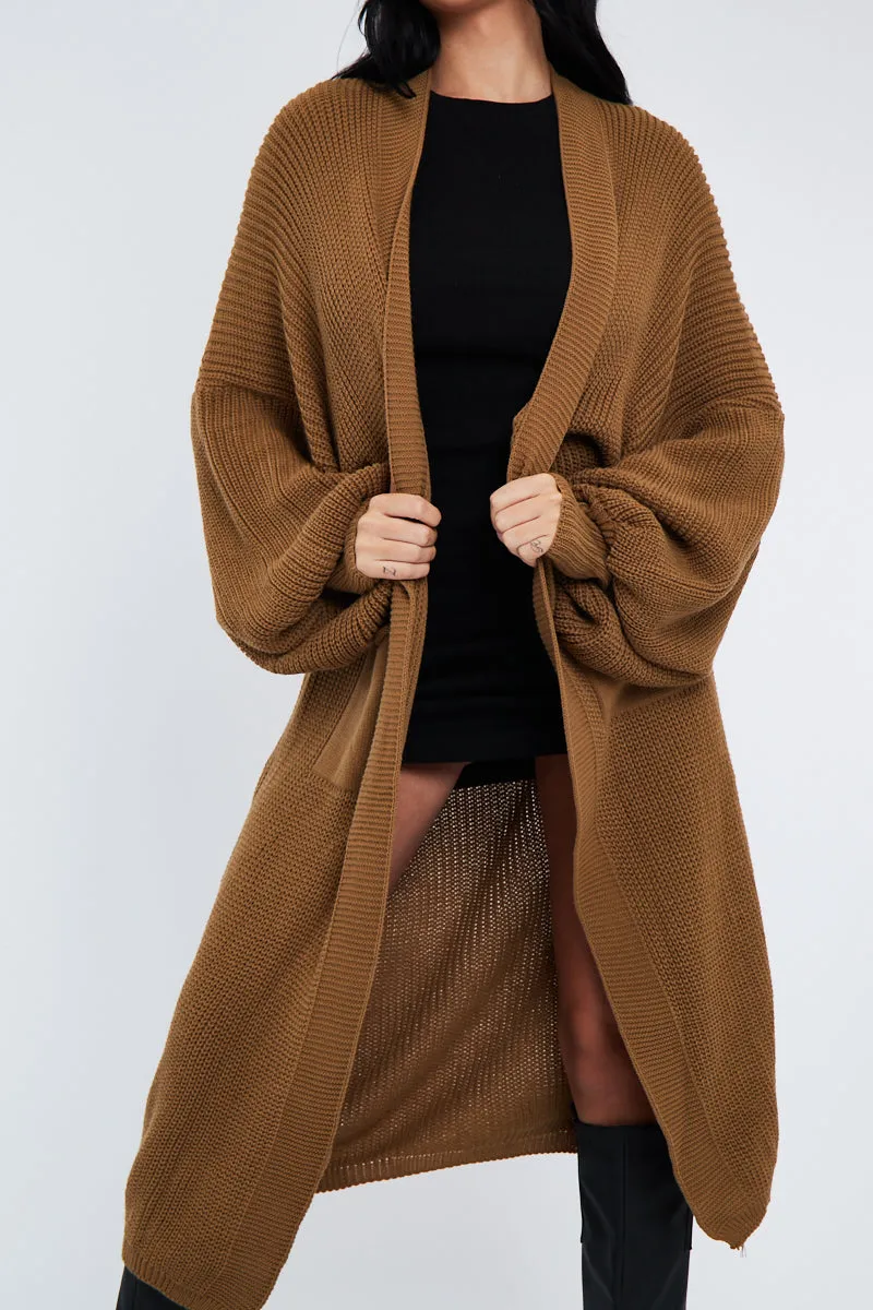 Camel Balloon Sleeve Maxi Knit Cardigan - Imara