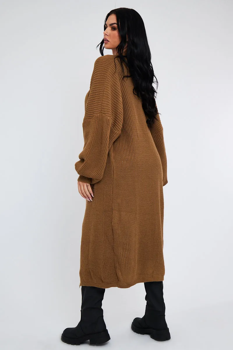 Camel Balloon Sleeve Maxi Knit Cardigan - Imara