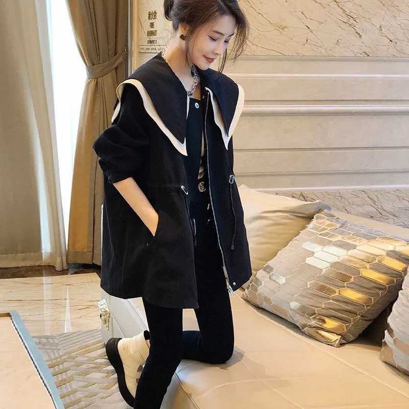 Casual Lapel Navy Thigh-Length Loose Fit Trench Coat