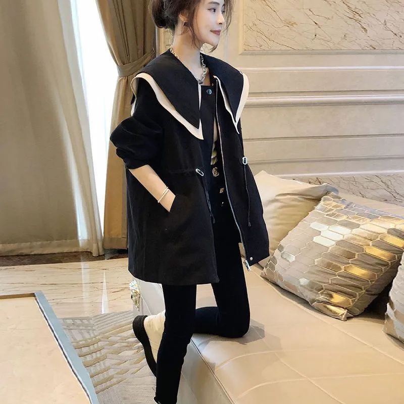 Casual Lapel Navy Thigh-Length Loose Fit Trench Coat