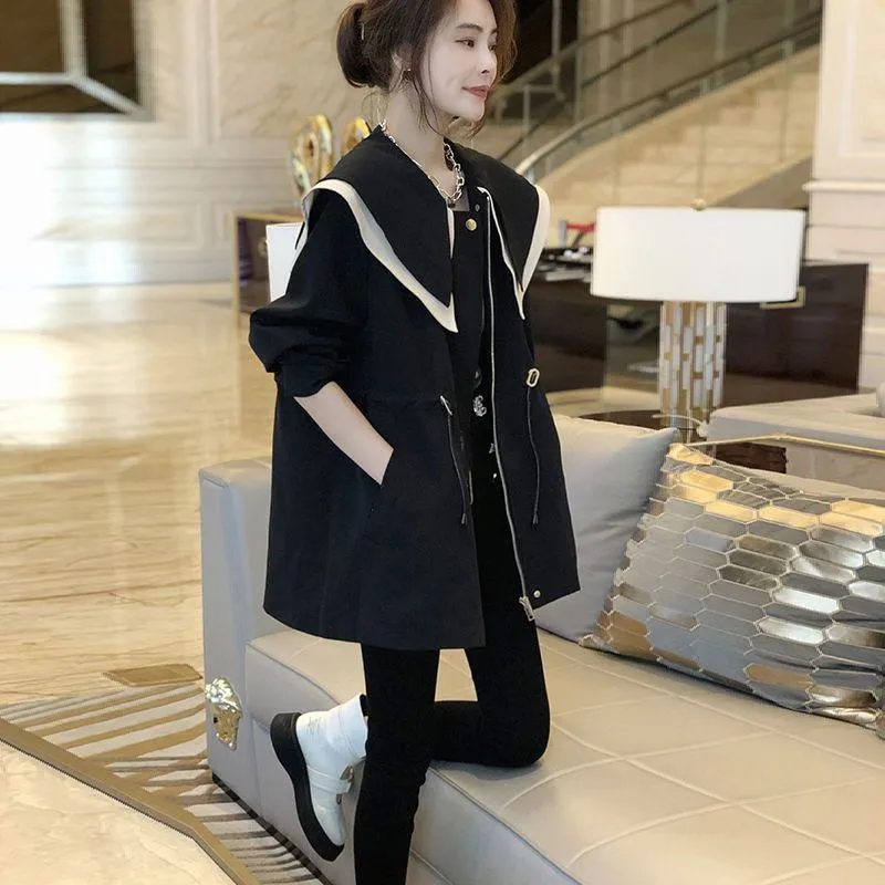 Casual Lapel Navy Thigh-Length Loose Fit Trench Coat