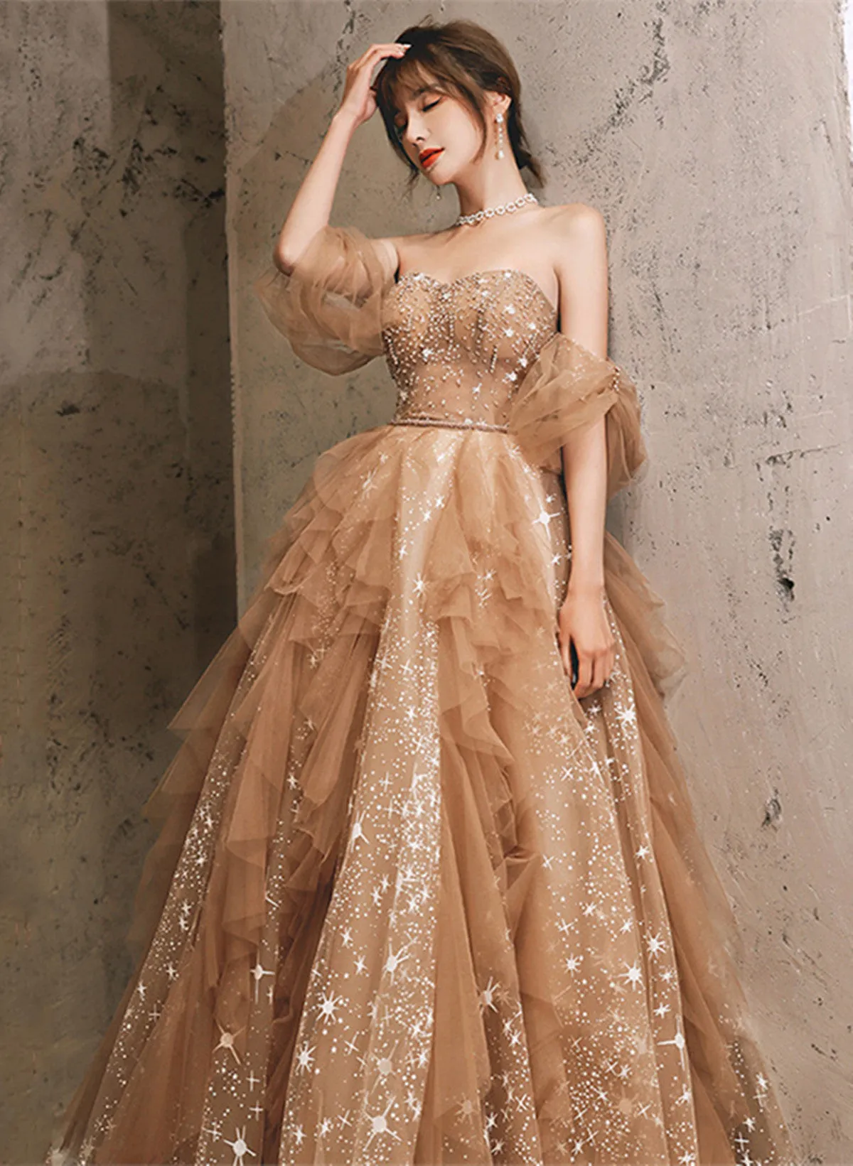 Champagne A-line Beaded Tulle Long Tulle Prom Dress, Champagne Evening Dress