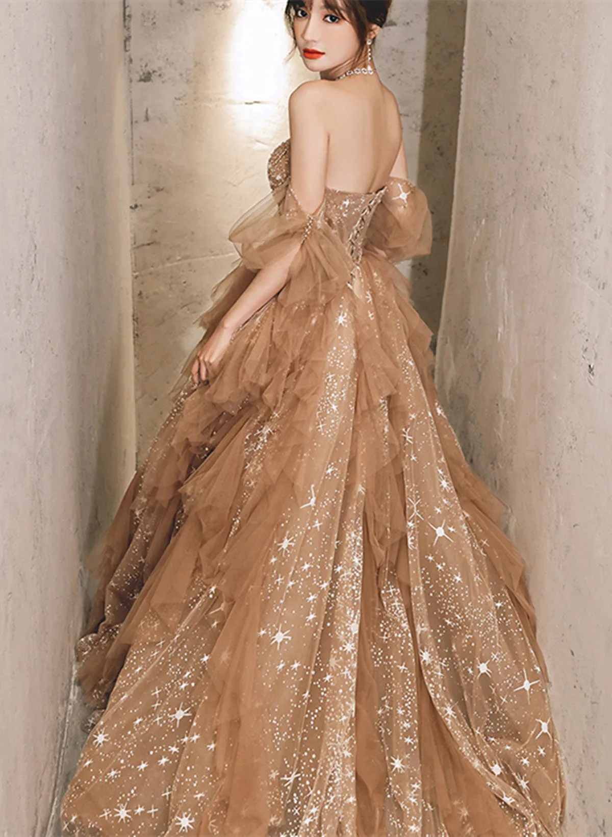 Champagne A-line Beaded Tulle Long Tulle Prom Dress, Champagne Evening Dress