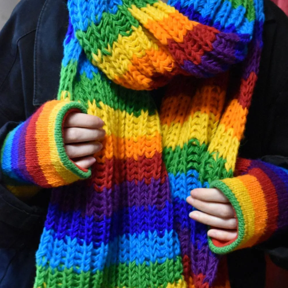 Chunky-Knit Rainbow Wool Scarf