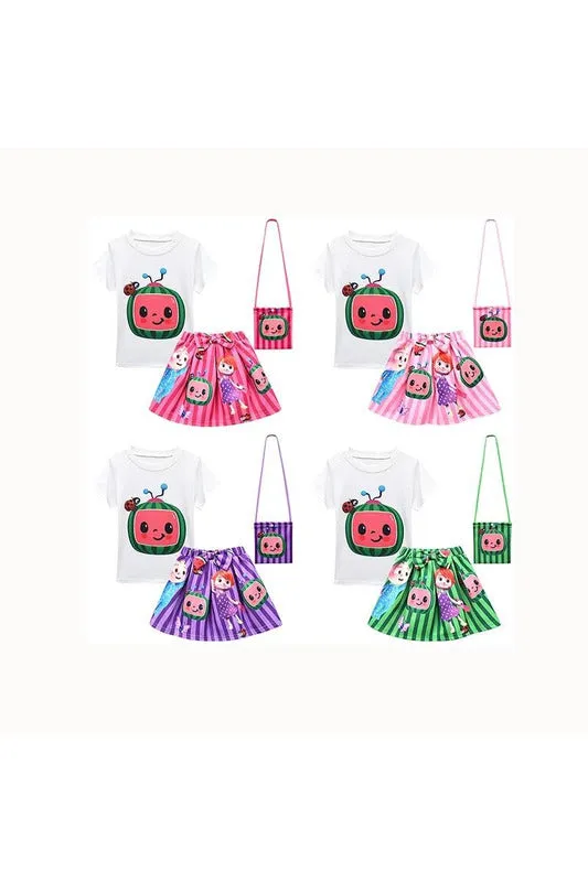 Coco melon children clothes 3 pc shirt skirt purse