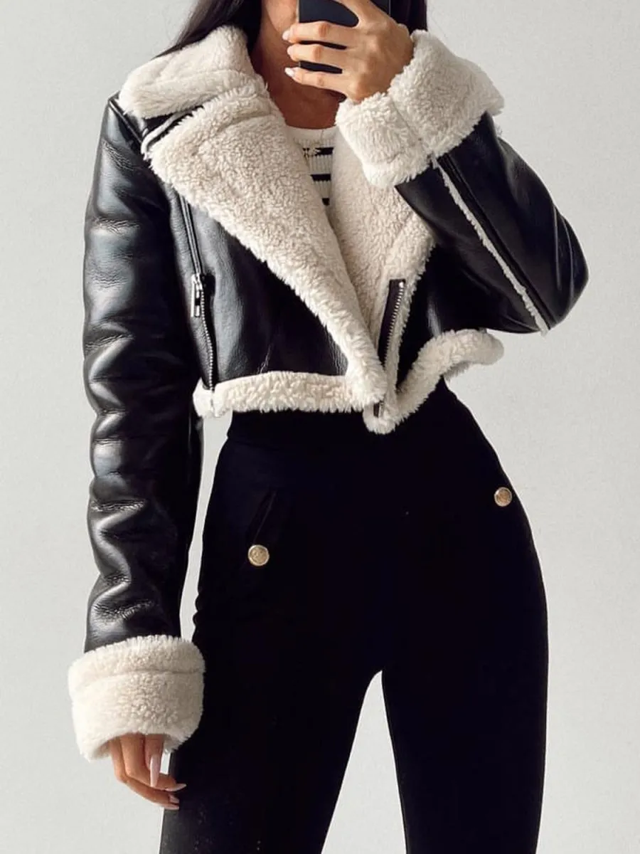 Collared Neck Long Sleeve Plush Cropped Jacket